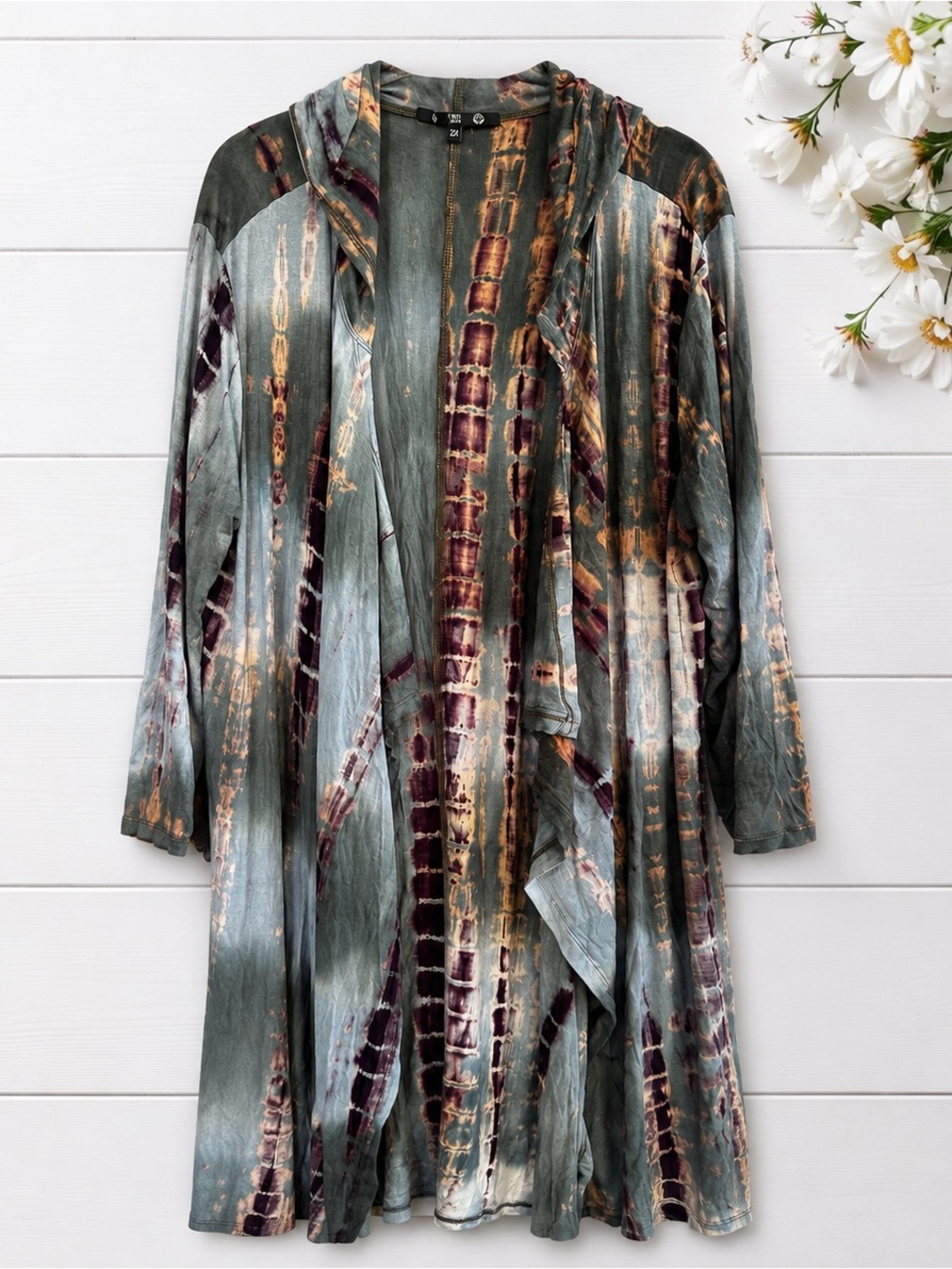 Womens 2X Duster Teal tie dye open front coin 1804